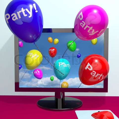 Balloons With Party Text Showing Invitation Sent Online